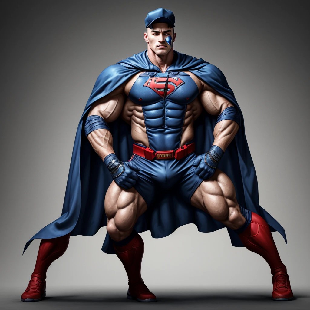 A realistic 3D male model in full body composition, wearing a full body hero suit and cape in the pattern of a professional baseball uniform, a very short haired, crew cut, cool, dandy-like, veteran-aged man with a shiny, sparkling blue cape that is longer than his body, gloves and a cap are always worn, an original hero, only the eyebrows, eyelashes and eyes are visible, his mouth is bandaged and sealed, the upper half of his face is bare with a sharp gaze, he has six pack abs, a muscular macho man with a sturdy body, he has both legs closed, his hands are clasped behind his back in an X shape, his whole body is bound and sealed with duct tape and he is held down. He has collapsed from exhaustion and is sleeping with his eyes closed. A coat of arms, in a dark room background, his whole body facing forward, backward, left and right (north, south, east and west), an image of him being restrained and mummified.