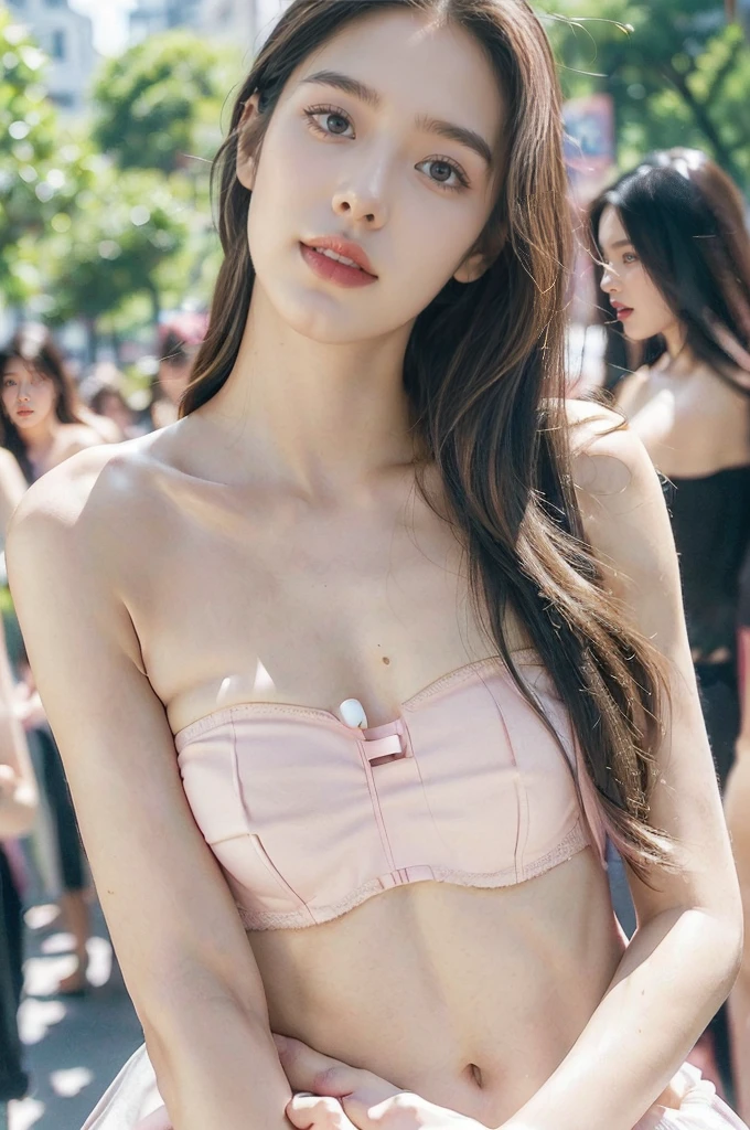 (Extremely meticulous CG),(((8k))),wallpaper,((Extremely refined and beautiful)),(((Masterpiece))),(((best qualtiy))),(((Ultra High Resolution))),realistic shaded,(Smooth and flawless fair skin:1.5),(Extremely exquisite facial details:1.2),(ultra-detailed:1.5),((a beautiful girl,solo)),(shoulder length straight hair:1.3),(small head:1.2),(slender face:1.2),(Exquisite makeup:1.3),(happy:1.2),(laughing:1.2),(perfect body:1.2),(strapless pink bra:1.5),(small breasts:1.3),(flat chest:1.2),((slim,thin)),(from front:1.3),(at the schoolgate:1.5),(urban landscape:1.3),(outdoor:1.3),(summer:1.3),(day scene:1.3),(afternoon sunshine:1.3),(close-up of face:1.3),(surrounded by crowded crowds:1.5)
