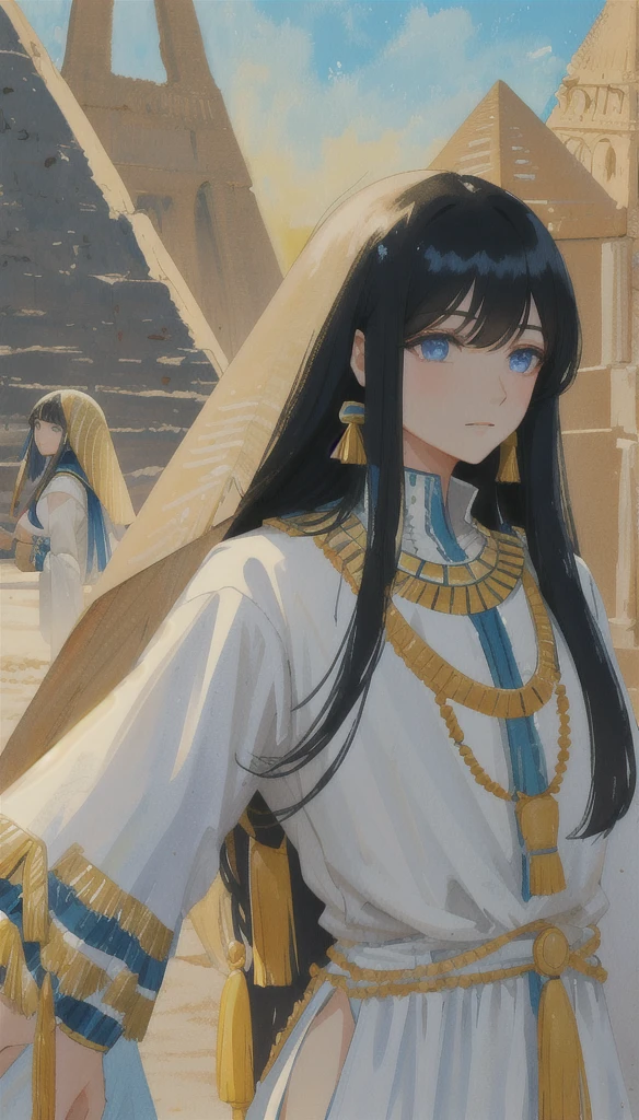 Manhwa, watercolor, woman, black hair, black eyes, long hair, straight hair, is a pharaoh, lives in Egypt. Desert atmosphere, with pyramids, wearing white clothing in the style of ancient Egypt. be like a princess The two stood looking at each other, a man, an archaeologist, with blond hair, blue eyes, with bangs, an archaeologist's uniform.