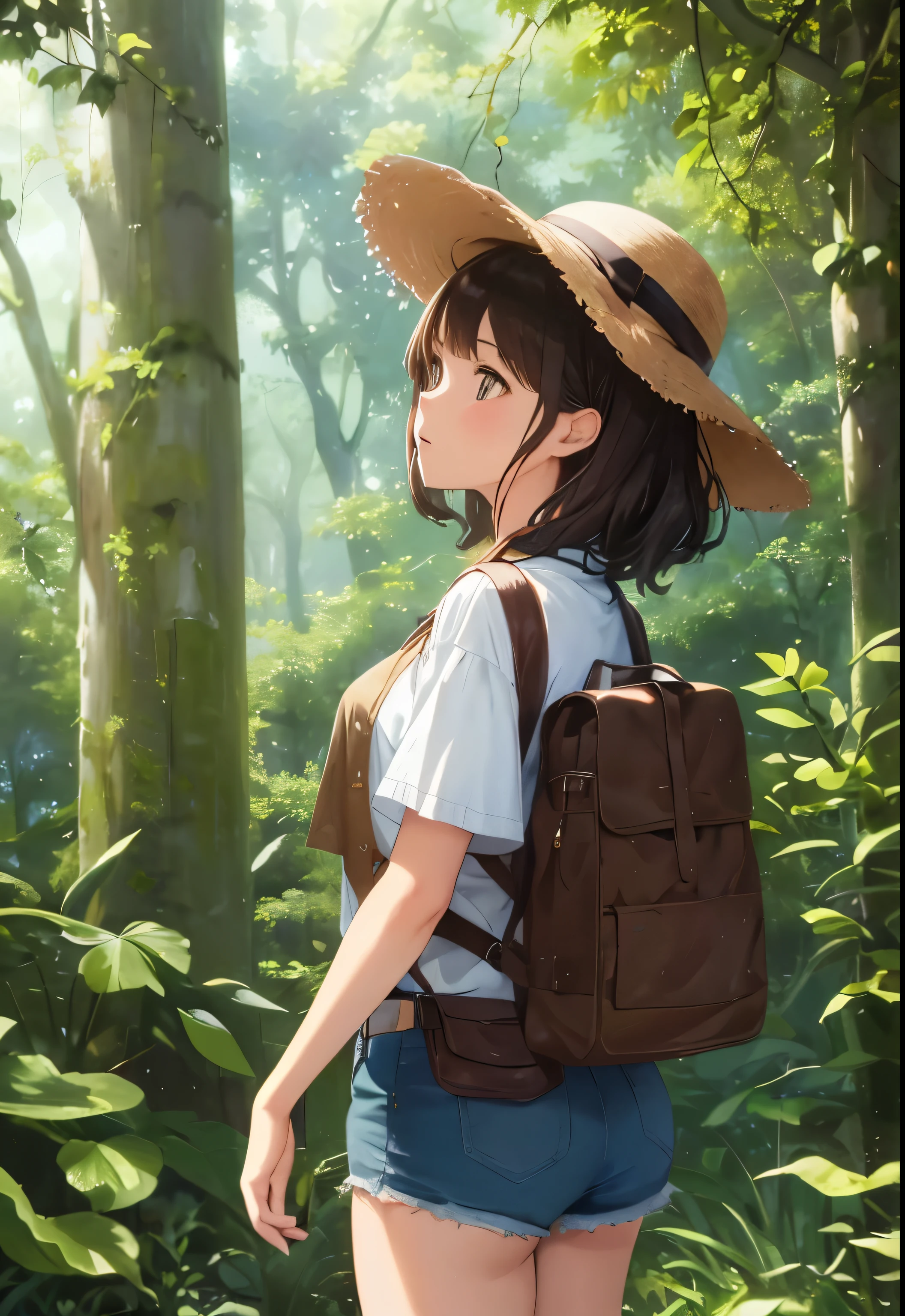 Woman in her 20s、Dressed like an explorer、Explorer-like hat、Brown Hair、Her hair is medium length and curly、In the jungle、The sunlight is shining through the treeystical images、8K、The woman is looking up at an angle、An image of heading towards the forest、From the back、cute、The woman is a little far away、Woman looking from the side、The sunlight filtering through the trees is dazzling、Watching a woman from afar、Shorts、Looking up at the sky、Alone in the distance、Quite far、Landscape painting