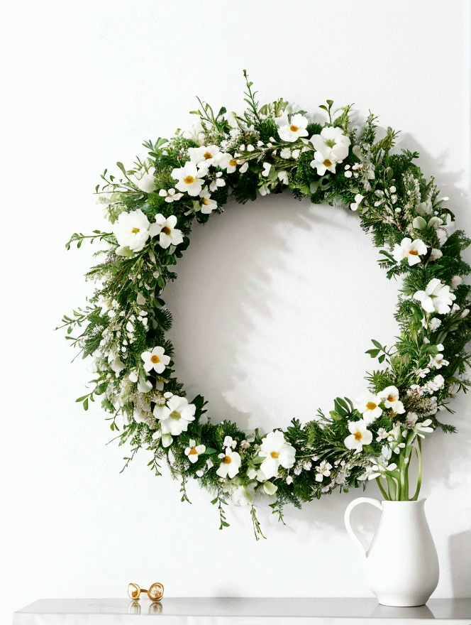 White background,a wreath, Made of flowers, Perfect minimalist composition, , elegant composition, Beautiful composition 3-d 4k, Background still life photo