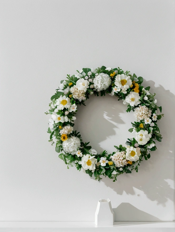 White background,a wreath, Made of flowers, Perfect minimalist composition, , elegant composition, Beautiful composition 3-d 4k, Background still life photo