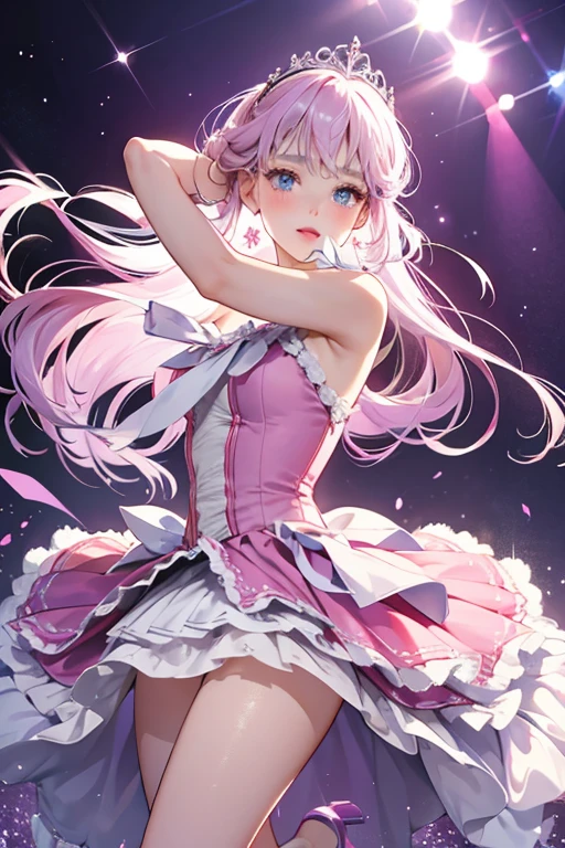 (whole body, legs and shoes visible: 1.2)) Expressive eyes, One girl, Pale skin, Long Hair, Windblown Hair, ((absurdly Long Hair)), Long Side Lock, Princess bangs, Hair bangs, Hair Bun, ((Very long twin tails)), Rainbow Hair, Light pink hair, blush, full face blush, big sparkling Pastel Purple eyes, (Gradient Eye), Laughing with your mouth open, cute pose, ((Holding a balloon : 1.3)) ((cute and pastel fashion)) ((🦄🎠🎈🎉 theme : 1.4)) A loose pastel dress, ((Dreamy multi-colored open dress)), (Floating ribbon), Lavender Frill, Pink frills, (Light blue lace), Removable short sleeves, Fluffy skirt, ((Rainbow and star printed skirt : 1.3)), Lolita Skirt, Purple ribbon, ((pom pom ribbon hair ornament : 1.4)), Multiple Bows, Striped lace stockings, (heart型のレッグガーター), cute (Pastel Purple) shoes ((Ultra-detailed clothing and fashion)) I&#39;m watching you, Vintage Girl, blush, (Beautiful attention to detail), (Highly detailed CG Unity 8k wallpaper) (Best Shadow), ((Very delicate and beautiful)), (Detailed light), ((Depth of written boundary)) Big Head, Big, bright eyes, Moe, Splash Art, Cinema Lighting, Front view, volumetric lighting maximalist photo illustration k resolution high resolution intricate detailed complex key visuals precise linear ((Dreamy pastel sky background, Surrounded by sunset clouds, shooting star, Castle above the clouds)) ((Ultra-detailed landscapes, Foggy clouds, Hung by balloons, heart : 1.3))