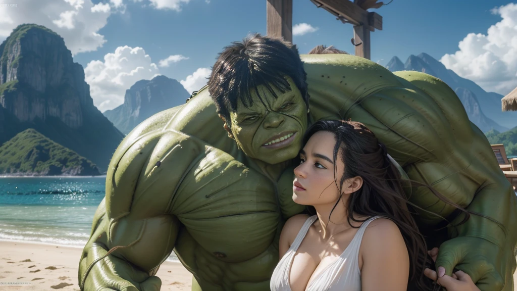 ((("Photorealistic hulk and Wife on Vacation")))
Subject: A captivating photorealistic photograph capturing hulk and his wife enjoying a vacation together in a picturesque setting.
Type of Image: Photorealistic photograph.
Art Styles: Realism, Romantic.
Art Inspirations: hulk iconic appearance and the joy of vacation.emilia clarke, large breasted
Characters: hulk and his wife depicted in a relaxed and intimate vacation moment.
Background: A stunning vacation spot, such as a serene beach, scenic mountain landscape, or vibrant city square, creating a sense of romance and escapism.
Camera: Medium shot.
Pose: Natural and affectionate pose that highlights their bond and the beauty of the vacation spot.
Lighting: Soft and warm lighting, enhancing the romantic ambiance of the scene.
Resolution: High-resolution, capturing intricate details of the characters and the vacation backdrop.
Camera Lens: 50mm.
View: Medium shot.