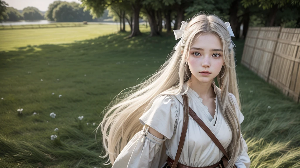16-year-old woman, with long hair having a white shade, eyes with a white iris. carrying a bow on her back, with typical clothing of an archer from medieval times, at the bottom of a large grass bar. create a realistic image, with attention to detail and your hair.