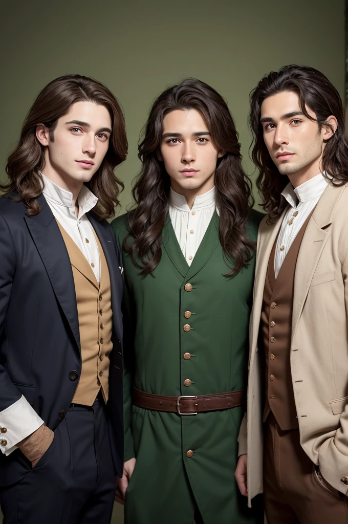 three men, age 28, 25 years and 20 years, all with wavy brown hair ,the two oldest 2 with brown eyes and the youngest 1 with green eyes, both in 1817 clothes