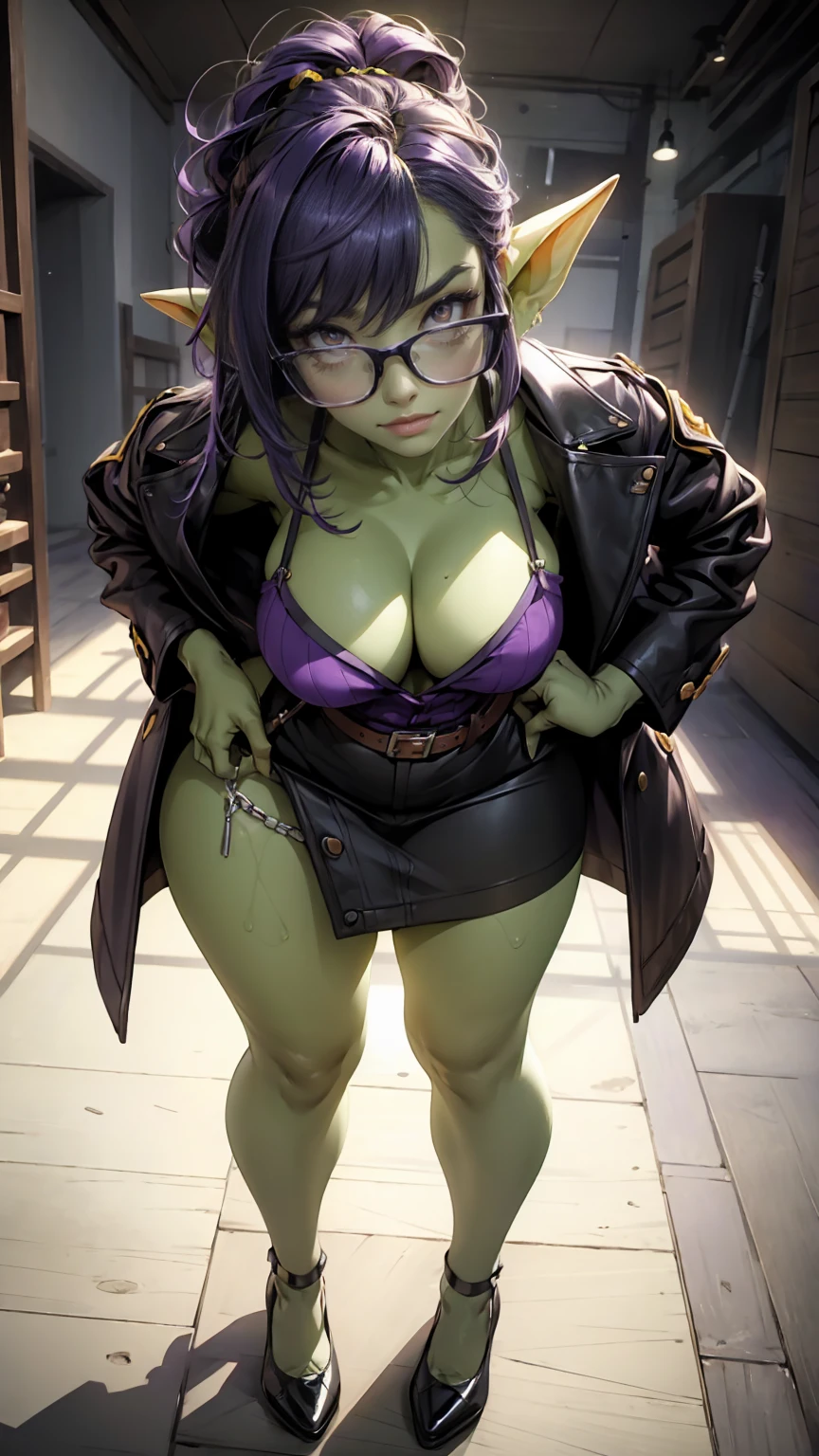((best quality)), ((masterpiece)), (detailed), goblin girl, (green skin), purple hair, glasses, cleavage, sexy, romantic lighting, full body, standing in front of a white background, posing for picture, simple background, front pov, low pov, posing for portrait, posing for full body picture, smiling, standing straight and tall, shortstack, wearing purple, wearing purple shoes