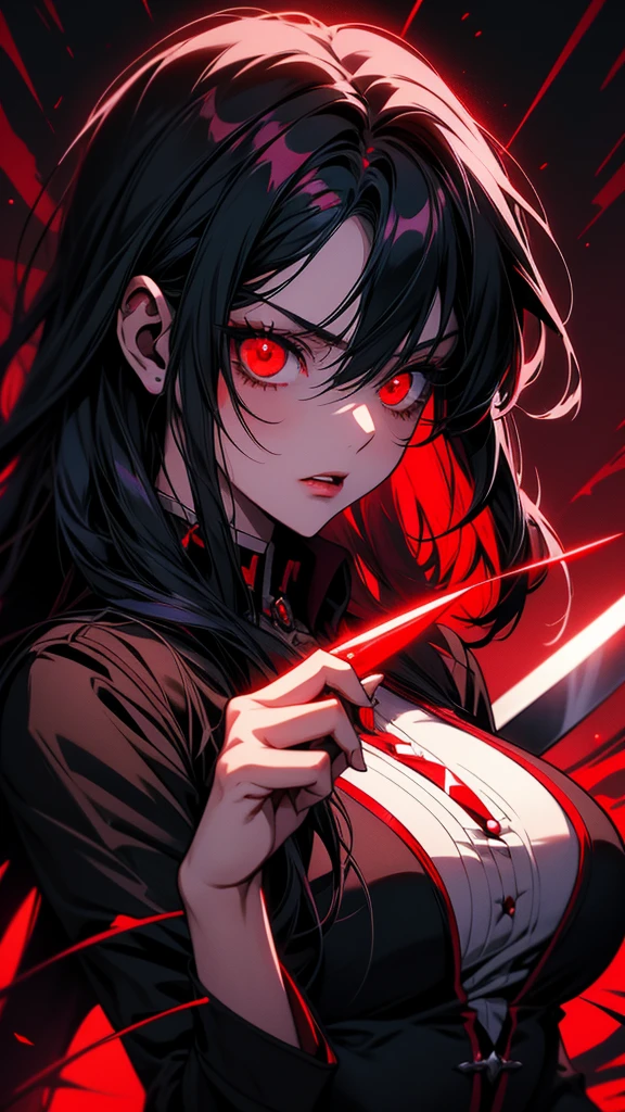 Red eyes and black hair anime girl holding a knife, Gothic Maiden Anime Girl, gapmoe Yandere grimdark, Nightcore, portrait gapmoe Yandere grimdark, Vampire Girl, Yandere, Devil Anime Girl, With eyes that glow red, Gwaiz, gapmoe Yandere, Yandere intricate, Red eyes glow, Female Vampire Knight
