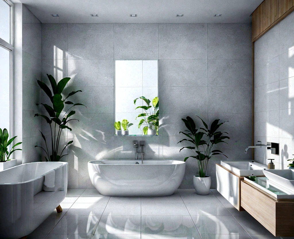 a clean and modern bathroom, detailed tiles, (white clear wall), white clear floor, a glass shower enclosure, plush white towels, a potted plant, natural lighting, a wooden vanity, a stone countertop, (best quality,4k,8k,highres,masterpiece:1.2),ultra-detailed,(realistic,photorealistic,photo-realistic:1.37),interior design,architectural visualization,clean,minimalist