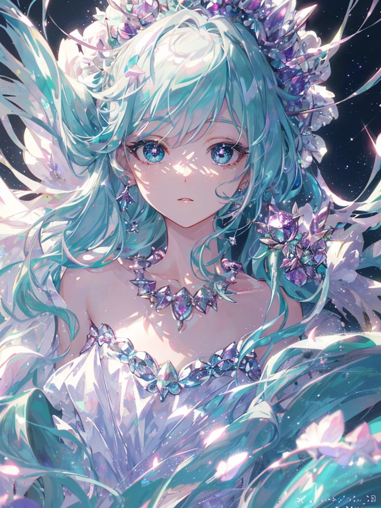 masterpiece, highest quality, figure, alexandrite eyes and hair, platinum earrings, Platinum Necklace, white dress, The Little Mermaid, cute, (dynamic lighting:1.2), cinematic lighting, delicate features, fine eyes, sharp pupils, realistic student, Depth of bounds written, Bokeh, sharp focus, (very detailed, bloom, shine:1.4), Many Small Gems, hatsune miku, showing the tongue