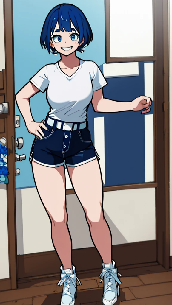 Girl, blue hair, blue eyes, short hair, flowers earrings, freckles, big boobs ,white t shirt, mini shorts, white high heels, thicc, standing smiling.