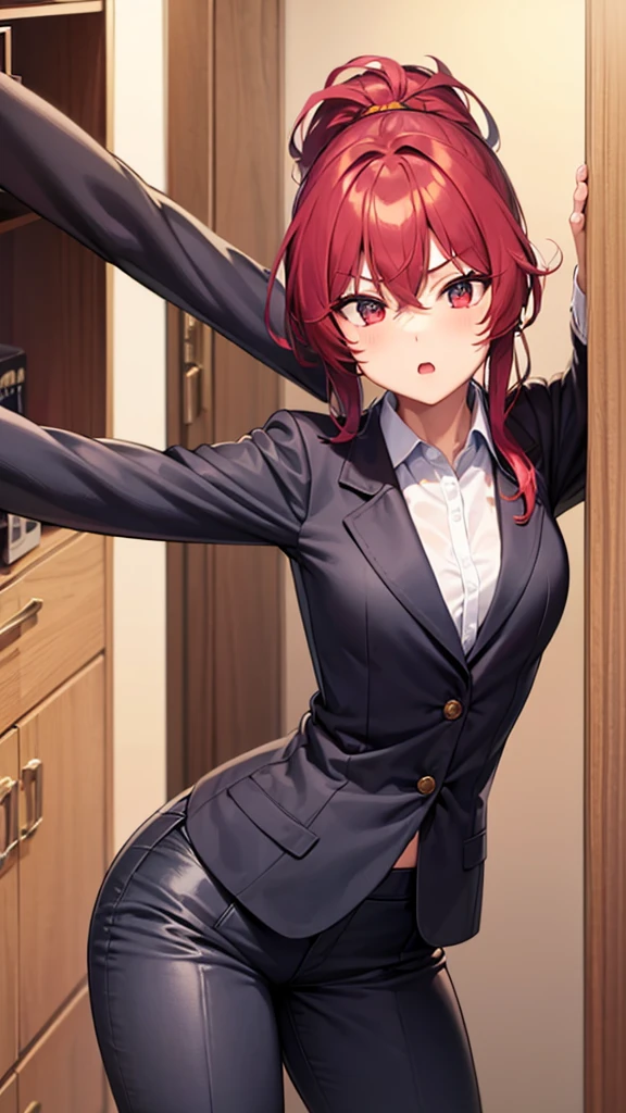 1girl, underwear, tight shirt, open blazer, lingerie, big chest, long torso, red hair, ponytail, shiny skin, cupboard stretching upwards