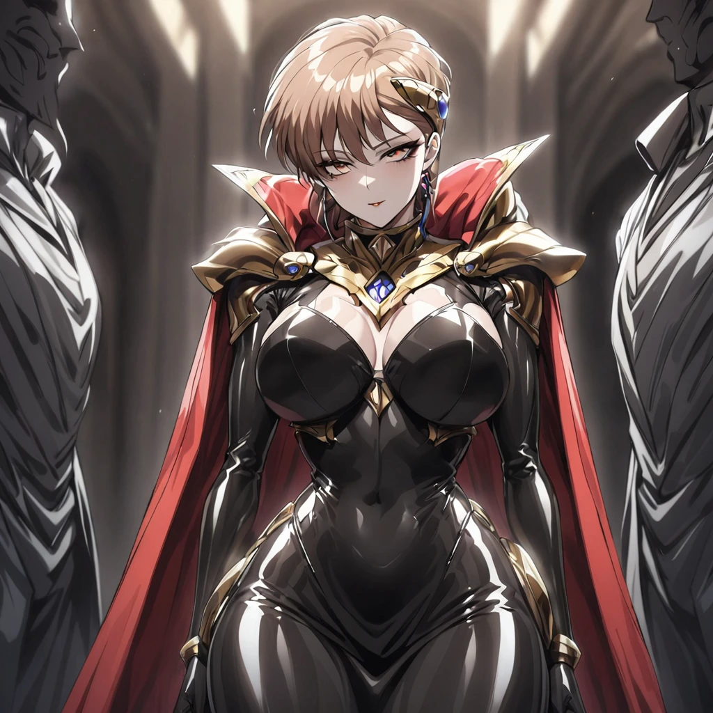 ((Highest quality)), ((masterpiece)), (detailed), （Perfect Face）、The woman is Princess Leona, with medium-long light brown hair, wearing a shiny, flashy, sexy, revealing black dress bodysuit, an open-front skirt, a cape, a headgear, lipstick and makeup, and is an evil female executive who is standing next to a man who is the dignified boss of an evil organization.、Women are brainwashed, expressionless, and have no highlights in their eyes.