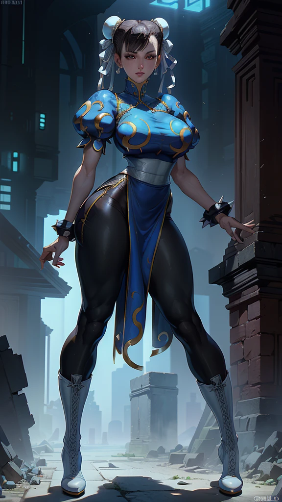 (La mejor calidad,A high resolution,Ultra - detallado,actual),Selena Gómez es chun-li,,(Fondo de ruinas de mazmorra en ruinas cyberpunk :1.4 ), Beautiful young woman in blue dress，Smile，(white boots:1.4) ，Exquisite facial features，tie hair, (black leggings:1.4) ，Blue clothes,( blue skirt:1.4) , ，front standing posture ，facing the audience，(full body Portrait) ，gray background, ,(Fondo de ruinas de mazmorra en ruinas:1.4 ), (anatomía perfecta :1.4), (face detailed :1.4), (Selena Gómez :1.4), (Chun Li :1.4),( Chun Li V2.1), More detailed 8K.motor irreal:1.4,UHD,La mejor calidad:1.4, fotorrealista:1.4, textura de la piel:1.4, obra maestra:1.8,obra-prima, mejor calidad,objeto Objeto], (detailed face features:1.3),(Las proporciones correctas),(Ojos hermosos azules),  (pose vaquero)