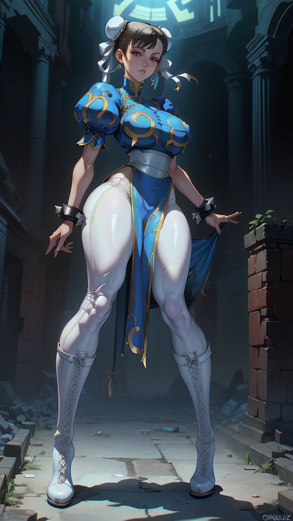 (La mejor calidad,A high resolution,Ultra - detallado,actual),Selena Gómez es chun-li,,(Fondo de ruinas de mazmorra en ruinas cyberpunk :1.4 ), Beautiful young woman in blue dress，Smile，(white boots:1.4) ，Exquisite facial features，tie hair, (black leggings:1.4) ，Blue clothes,( blue skirt:1.4) , ，front standing posture ，facing the audience，(full body Portrait) ，gray background, ,(Fondo de ruinas de mazmorra en ruinas:1.4 ), (anatomía perfecta :1.4), (face detailed :1.4), (Selena Gómez :1.4), (Chun Li :1.4),( Chun Li V2.1), More detailed 8K.motor irreal:1.4,UHD,La mejor calidad:1.4, fotorrealista:1.4, textura de la piel:1.4, obra maestra:1.8,obra-prima, mejor calidad,objeto Objeto], (detailed face features:1.3),(Las proporciones correctas),(Ojos hermosos azules),  (pose vaquero)