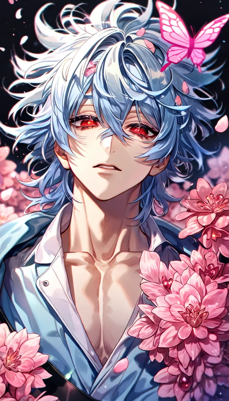 absurdres, highres, ultra detailed, HDR, master piece, best quality, Kuro, expressive red eyes, messy hair, light-blue hair, black bags under the eyes, Servamp, solo, sexy man, handsome, light-blue jacket, fantasy, shining, pink flowers, pink blossoms, pink butterflies, pink petals