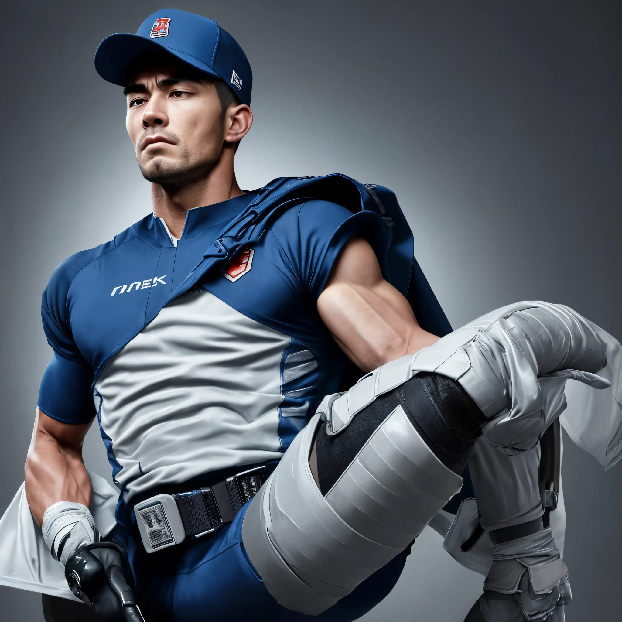 A realistic 3D male model in full body composition, wearing a full body hero suit and cape in the pattern of a professional baseball uniform, a very short haired, crew cut, cool, dandy-like, veteran-aged man with a shiny, sparkling blue cape that is longer than his body, gloves and a cap are always worn, an original hero, only the eyebrows, eyelashes and eyes are visible, his mouth is bandaged and sealed, the upper half of his face is bare with a sharp gaze, he has six pack abs, a muscular macho man with a sturdy body, he has both legs closed, his hands are clasped behind his back in an X shape, his whole body is bound and sealed with duct tape and he is held down. He has collapsed from exhaustion and is sleeping with his eyes closed. A coat of arms, in a dark room background, his whole body facing forward, backward, left and right (north, south, east and west), an image of him being restrained and mummified.
