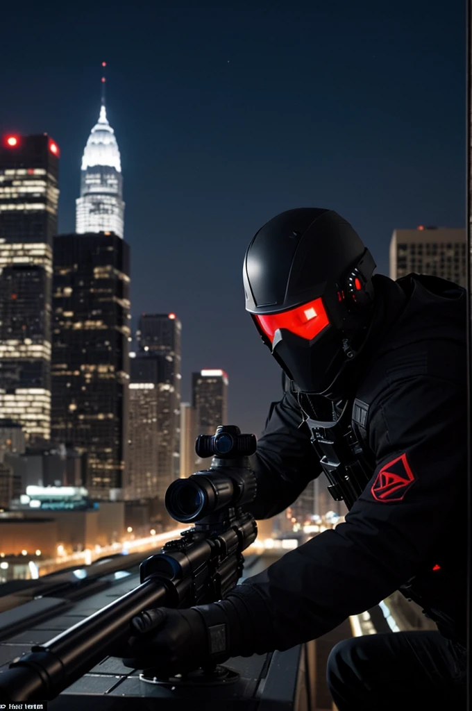bottom: An out of focus urban skyline, with city lights glimmering at night.
central figure: Orion, in a sniper position on a roof, with a rifle with a telescopic sight. His face is partially visible, showing a concentrated and determined expression.
Telescopic sight effect: An overlay of the scope centered on the target, perhaps with a slight reflection that hints at his next move.
colors: Predominantly black, dark grays and blues, with touches of red to accentuate the danger.