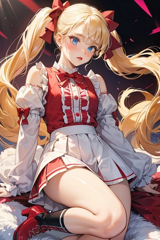 She has blushed cheeks and red lips, her skin is white with baby blue eyes. Her blonde hair is worn in pigtails with red bows and loose bangs. Her hair, eyes, and hair bows are glittery. Her blush is pinkish and she has a red heart on her cheek. She wears a red and white long-sleeve top with writing on the chest and black accents. Her ruffled pleat skirt has white stripes around the bottom. She wears short red boots to match her pom-poms, one with a P on it in white, the other has a R. SPARKLE; GLITTER