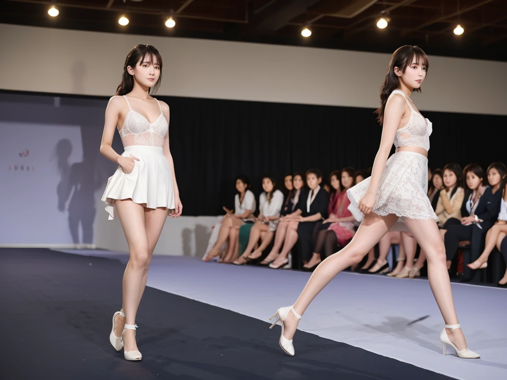 A live-action photo of an extremely beautiful Japanese high school girl race queen who highlights her beautiful legs、She was photographed walking down the runway at a fashion show wearing Gooseberry Lingerie's new underwear.、She is an eternal idol who combines a clean look with modern charm.。 She creates such beauty。 She feels her own warmth。 She creates a warm atmosphere。 We create beauty。 That's what I want to say。 In her full body photo、The figure features porcelain-like skin and golden hair that radiates a soft glow.。 This is probably、It captured the essence of her timeless charm.、This is the best shot ever.。 Each straight line and curve is carefully expressed.、Breathtakingly beautiful with impeccable detail。 This piece perfectly captures her timeless beauty.。 Divine Proportions、Sharp focus、Full-body photo taken by Kishin Shinoyama、high quality、High resolution、Detailed Background