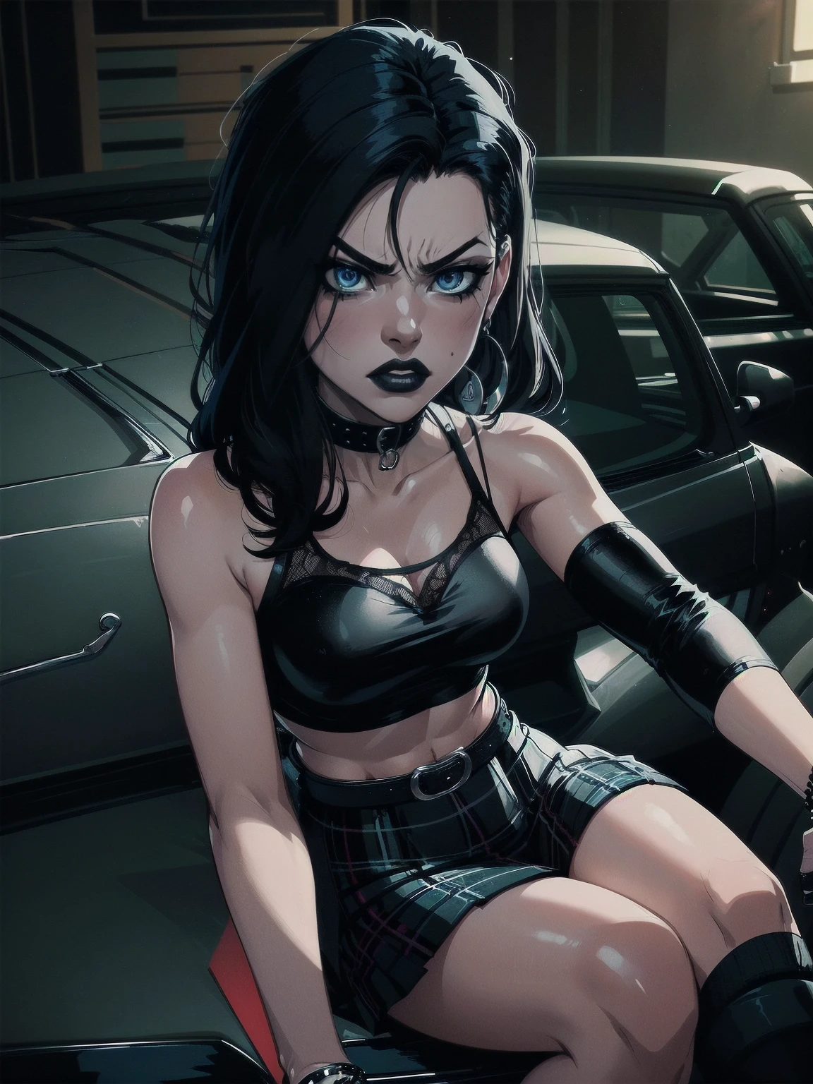 a woman with medium black hair, hair on shoulders,  wearing plaid skirt, black jacket,  blue eyes, gothic art, cute aesthetic with vibe, toon aesthetic, wearing gothic accessories, look like Cassie Hack, upper body, angry,  sitting on the car, garage background, dinamic poses