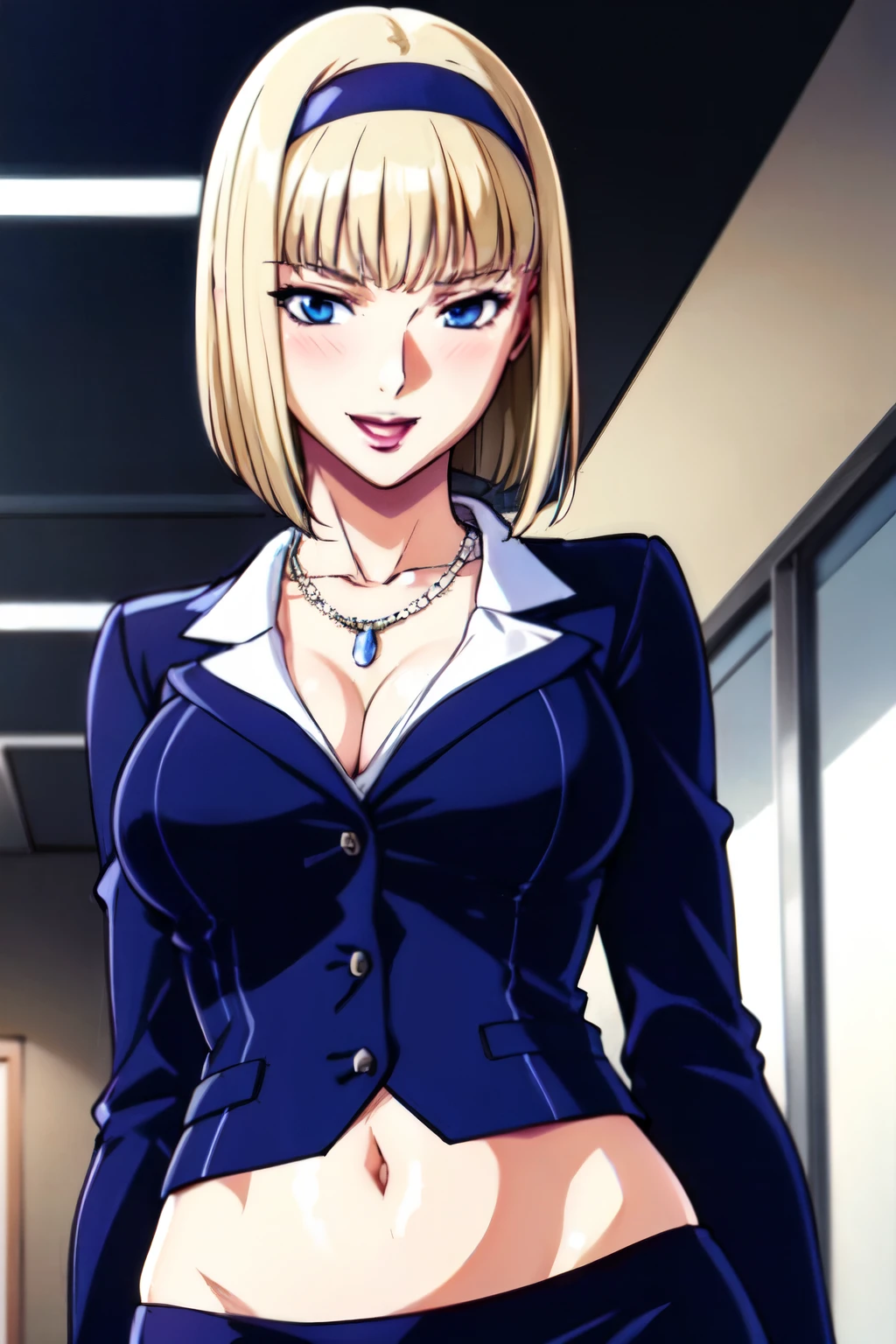 blonde hair,blue_eyes,bob cut, blue_hairband,very_long_hair,floating_hair, blush, lipstick, masterpiece, best quality, highly detailed,breasts,skirt,cleavage,long hair,skirt
suit,suit,formal,jewelry,necklace,micro pencil skirt,jacket,smile,makeup,looking at viewer,business suit,
lipstick,office lady,mature female,micro miniskirt,indoor,office,office lady ,smile, open mouth, (nsfw) not
safe for work, holding a gun, evil expression, exposed belly, exposed navel, exposed midriff, exposed
lower belly