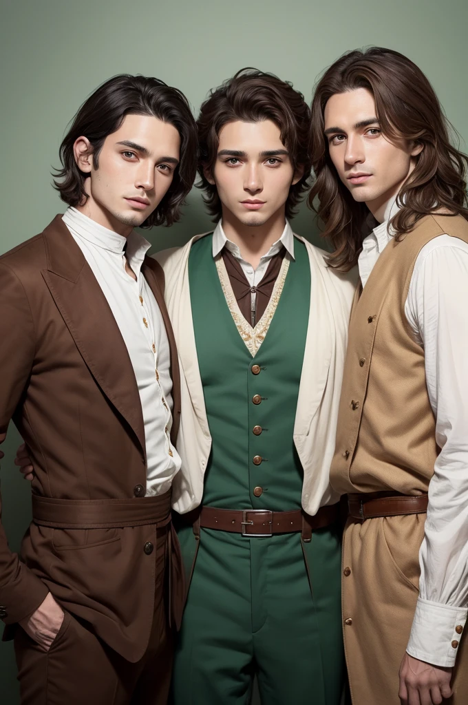 three men, age 28, 25 years and 20 years, all with short wavy brown hair ,the two oldest 2 with brown eyes and the youngest 1 with green eyes, both in 1817 clothes