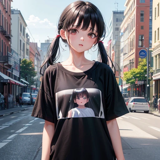 Superior Quality, Masterpiece, Ultra High Resolution, (Photorealistic: 1.4), Raw Photo, Deep Shadows, masterpiece, photorealistic, girl, , white blouse, shorts, short shorts, white shorts, ornament in hair, dark hair, dark eyes, sidewalk, square, child, grass
