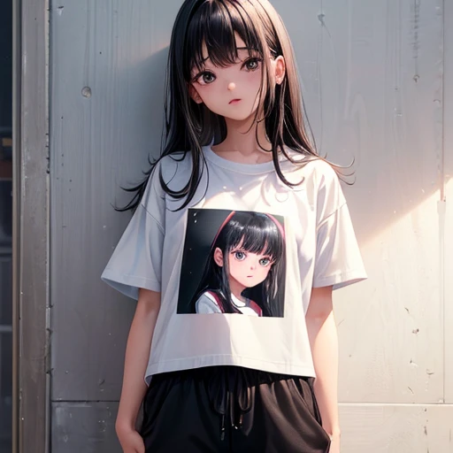 (8K, RAW photograph, Highest quality, masterpiece:1.3),(Genuine,photograph:1.37),(Black Hair),Pause,One girl,Very beautiful face,cute,(small),(Hands down))),Poggy Hairstyle,Random representation,(White T-shirt),JK_style,(Track Shorts) ,Black Hair,(19 years old),moderate,Five Fingers,Normal hand,small Mouth,Straight hair
