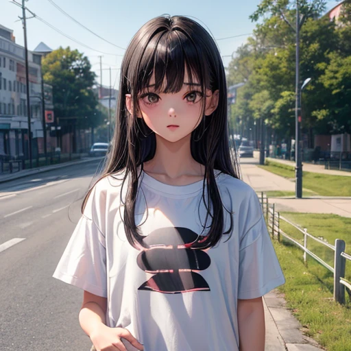 (8K, RAW photograph, Highest quality, masterpiece:1.3),(Genuine,photograph:1.37),(Black Hair),Pause,One girl,Very beautiful face,cute,(small),(Hands down))),Poggy Hairstyle,Random representation,(White T-shirt),ＪＫ_style,(Track Shorts) ,Black Hair,(19 years old),moderate,Five Fingers,Normal hand,small Mouth,Straight hair