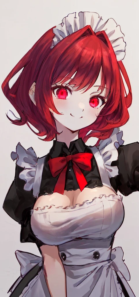 Red hair，Hair growing to the neck，Slightly short，Self-made roll，Black maid outfit，Cold expression，1.53 meters，Big Breasts，Shorter，Good posture，Sharp eyes，High and cold，Smiling，Front view，The body is strong，