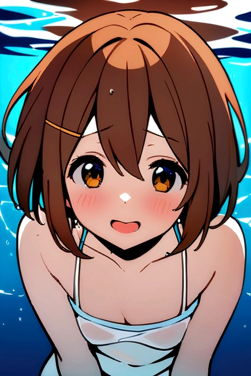 ((masterpiece)), hirasawa yui, One girl, Laughing with mouth open, Small breasts, Short body, Short brown hair, Put your hands on your head, Sakuragaoka High School , leaning towards the viewer, In the pool, Underwater, (Soaking wet, See through:1.1), (close:0.8), Complex background