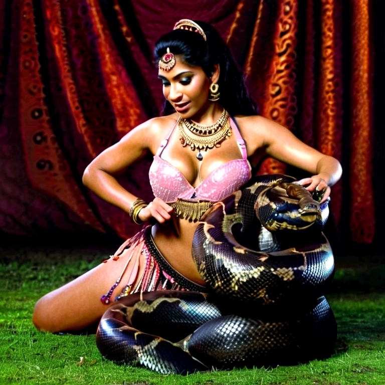 topless pink thong Happy Horny, aroused 1girl), beautiful kneeling indian young belly dancer girl with giant colossal black Titanboa squeezing her hard, wrapped in thick spiraling coils, constricted, struggle, gasping for air, snake attack, snake peril, moonless night, dim light
