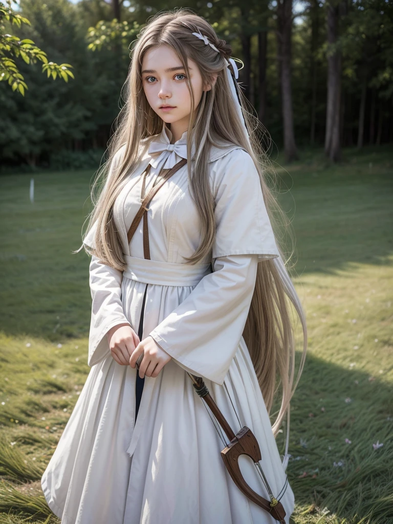 -yeld wo, with long hair having a white shade, eyes with a white iris. carrying a bow on her back, with typical clothing of an archer from medieval times, at the bottom of a large grass bar. create a realistic image, with attention to detail and your hair.