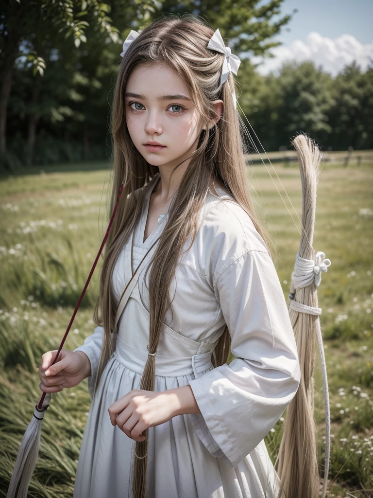 16-year-old woman, with long hair having a white shade, eyes with a white iris. carrying a bow on her back, with typical clothing of an archer from medieval times, at the bottom of a large grass bar. create a realistic image, with attention to detail and your hair.