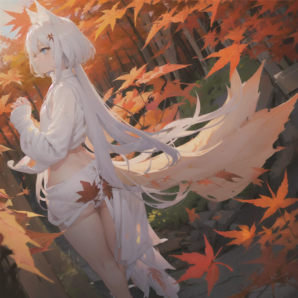 (One girl:1). masterpiece, magnificent, best quality, full body,slim. (Detailed, Focused:1.2) (White hair, bushy hair, fluffy hair), blue eyes, (big wolf ears, fluffy wolf tail, big tail:1). maple leafs. ( White sweater:1.2).(Small hips, Thin things, beautiful legs, flat chest:1.2). (shy, sad:1.3). (Face close up:1.2). ( in maple forest, walking:1.3). (Cinematic composition, view from side:1.2). (Maple leaves, autumnal:1.2).