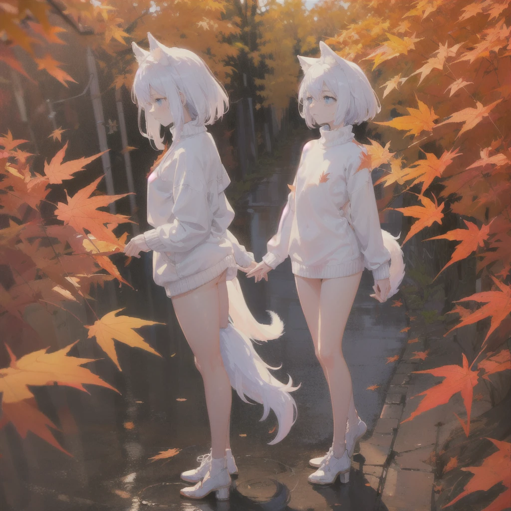 (One girl:1). masterpiece, magnificent, best quality, full body,slim. (Detailed, Focused:1.2) (White hair, bushy hair, fluffy hair), blue eyes, (big wolf ears, fluffy wolf tail, big tail:1). maple leafs. ( White sweater:1.2).(Small hips, Thin things, beautiful legs, flat chest:1.2). (shy, sad:1.3). (Face close up:1.2). ( in maple forest, walking:1.3). (Cinematic composition, view from side:1.2). (Maple leaves, autumnal:1.2).