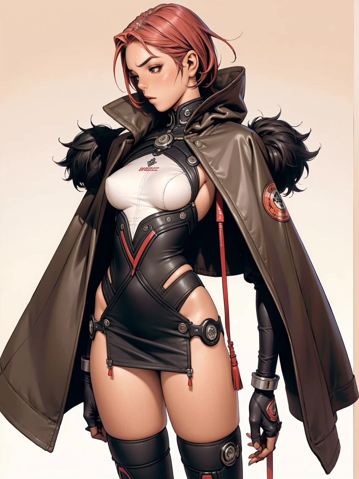 (((Annie Lennox))), (((Dark red))), (back view), (((perfect ass))), (((bandaged arms))), ((hooded cloak)), (((best qualityer: 1.4))), (Unbeatable masterpiece), (hiper HD),(CG 8k hyper-realistic), (((brave face))), (((breasts big))), (((hyper feminine))), sexly girl, black tattoo,(ultra short pink hair)), ((( sculptural body ))), (((1 Kizi))), Kizi tatuada de 25 anos com perfectbody,,Beautiful and well-groomed face,muscular body:1.2,solid color detailed jacket, (Head to thigh photos), Complex equipment, green dark,long pants,Tight clothes are dark,With white stars and off-white stripes,,,,,Armor Metal Electronic Parts, Poison tattoos ) INFO, Kizi, (((standing alone))), pirralha violent, ((())), sexly, pose de atitude, work of art, post-apocalypse, (((manga style))), bounty hunter, violent, Manic, the way you want, slenderbody, thin but strong, perfectbody, roupa moderna, advanced technology, Pleated mini skirt with checkered pattern in red and black, fur collar jacket, sleeves with vertical striped pattern, neutral background, (( cowboy shot )). intricate visual