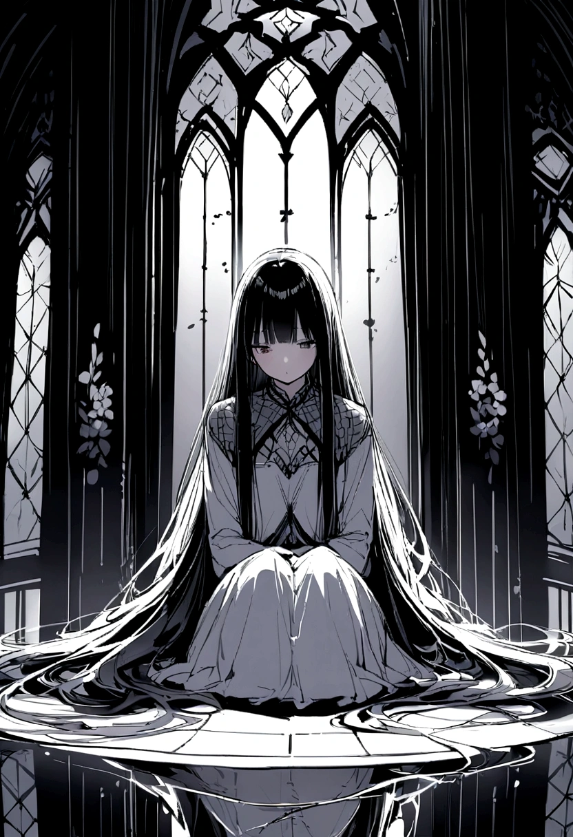 God's son,befall,(The background is the decaying earth,Dead Tree),Kneeling on the ground,pray,cry,Tears,Long hair,(Damaged clothing),Divine Light,White feather,Blood,The light of redemption