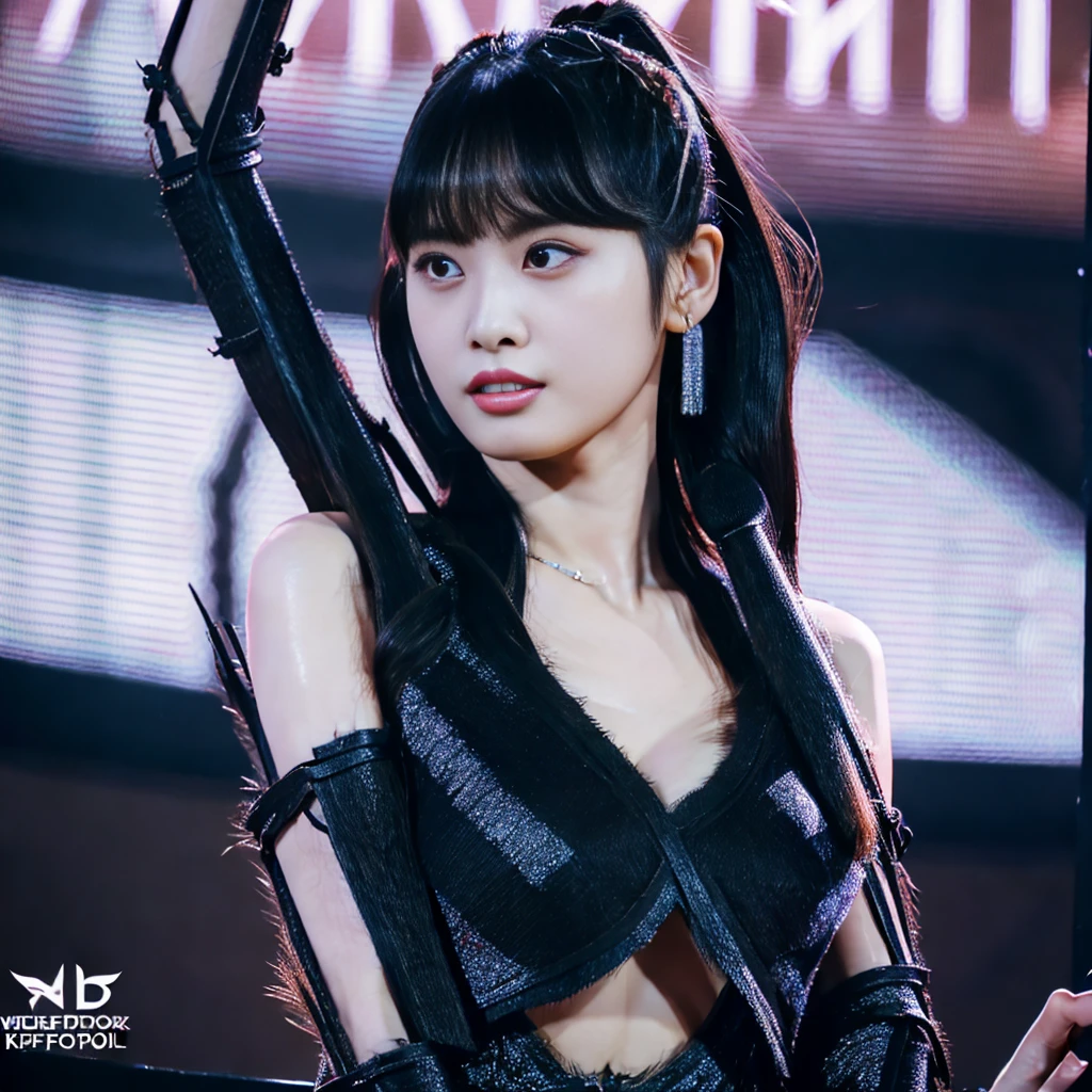 Highest quality，masterpiece，Very detailed, 8K，Beautiful 27 year old Japanese woman:1.5, Small face, blunt bangs, Crucifixion, (Detailed black K-pop idol outfit:1.5),　Breast Augmentation Surgery, Very detailedな臭い脇の下、　Live Stage、　tall