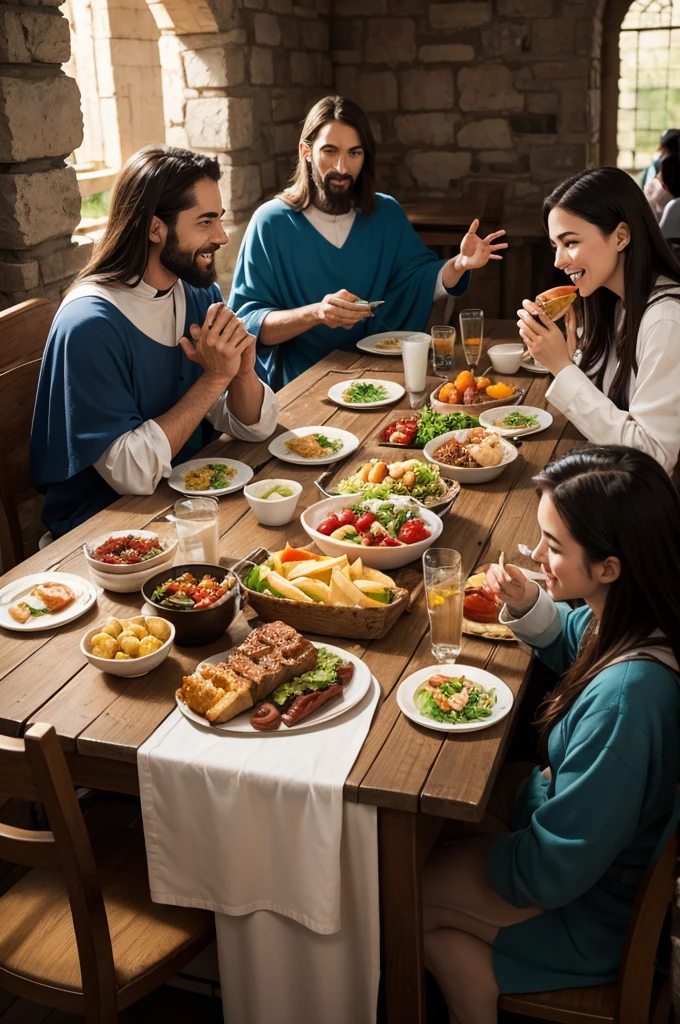 Lunch, between Jesus and the apostles, happy,