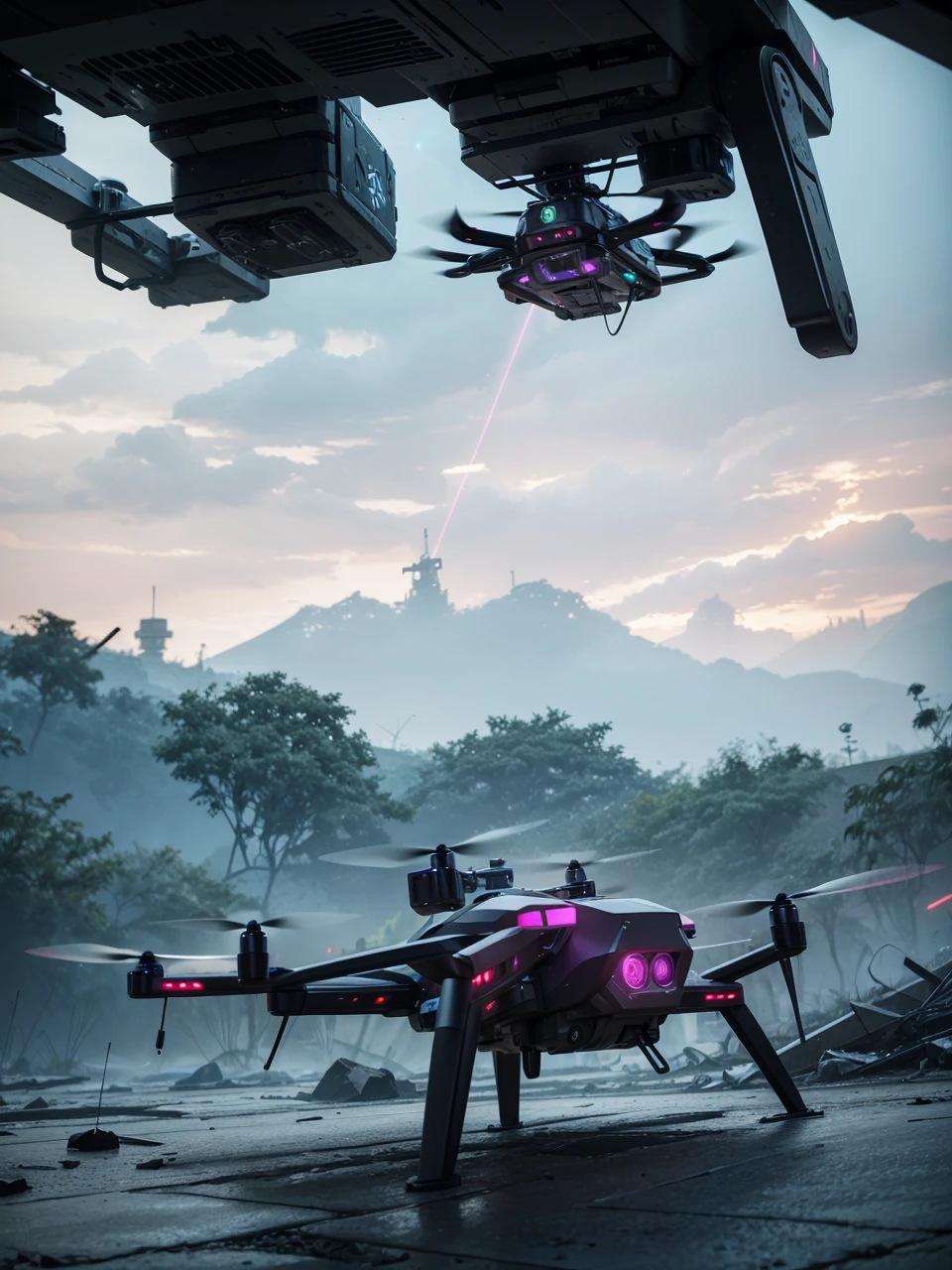 Amidst the chaos, hovering neon drones with sleek, angular designs patrol the skies. Their laser beams crisscross the air, casting eerie glows on the wounded parasite. These drones are the last remnants of a once-advanced civilization, now reduced to mere guardians of a dying world.