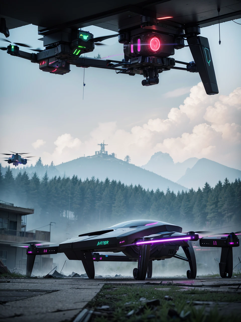 Amidst the chaos, hovering neon drones with sleek, angular designs patrol the skies. Their laser beams crisscross the air, casting eerie glows on the wounded parasite. These drones are the last remnants of a once-advanced civilization, now reduced to mere guardians of a dying world. 