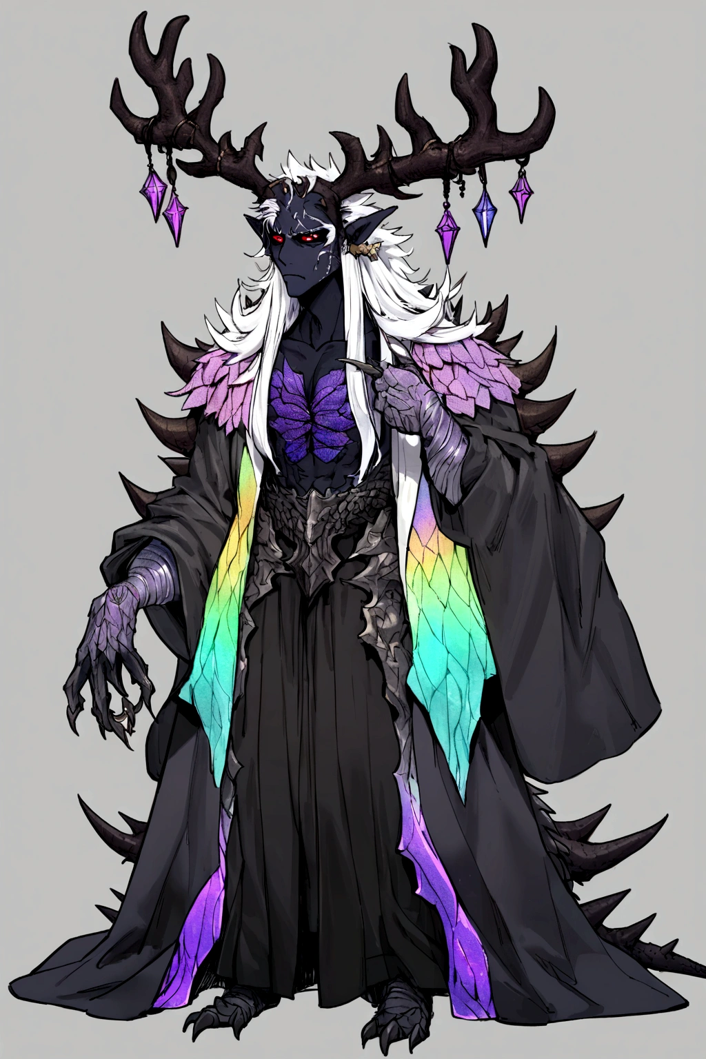 solo, 20 year old male, character fusion,  nidhogg fused with odin and sun wukong, tall tanned man with wild unruly white hair, bangs on face, bangs, ((iridescent irises)), black sclera on eyes, long voluminous hair, spiky hair, pointy ears, fit , clawed fingers, dragon tail, open haori, turtleneck tanktop, manly jaw, dark crystal antlers, exhausted expression, khaenr'ah abyss, draconic person, calamity incarnate,  full body