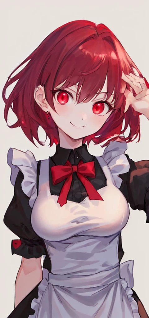 Red hair,Hair growing to the neck,Slightly short,Self-made roll,Black maid outfit,Cold expression,1.53 meters,Big Breasts,Shorter,Good posture,Sharp eyes,High and cold,Smiling,Front view,The body is strong,