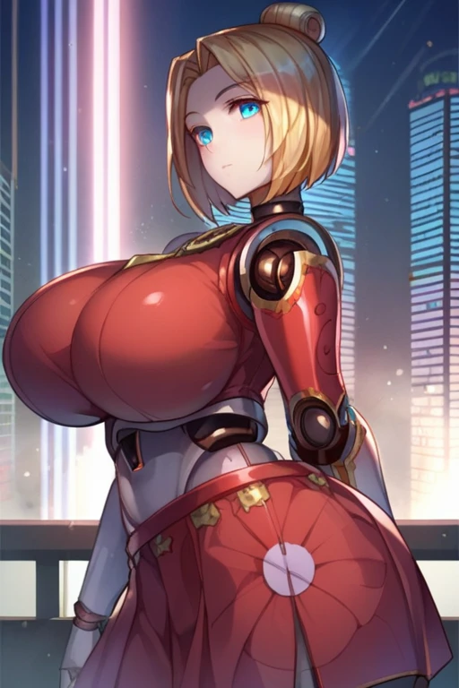 anime studio, anime artwork, anime artstyle, vibrant, score_9, score_8_up, score_7_up, source_anime, 1girl, glavakolhoza_orianna, mechanical, robot, clockwork on back, metallic round skirt with spikes, robot joints, blue eyes, chrome shine, curvy, standing, relaxed, pose, looking at viewer, simple background