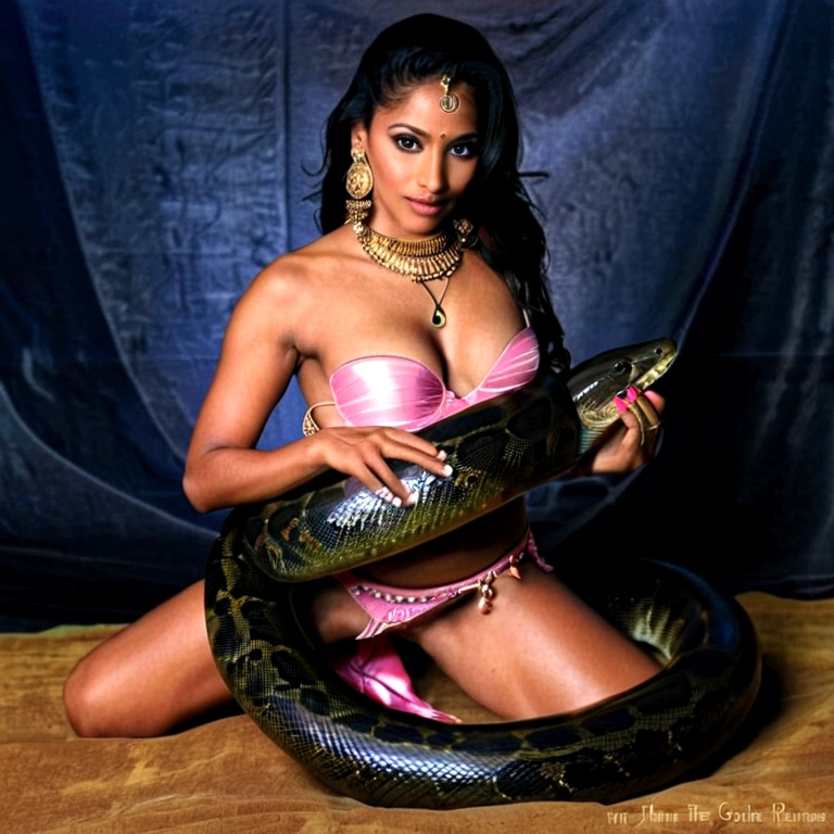 topless pink thong Happy Horny, aroused 1girl), beautiful kneeling indian young belly dancer girl with giant colossal black anaconda squeezing her hard, wrapped in thick spiraling coils, constricted, struggle, gasping for air, snake attack, snake peril, moonless night, dim light