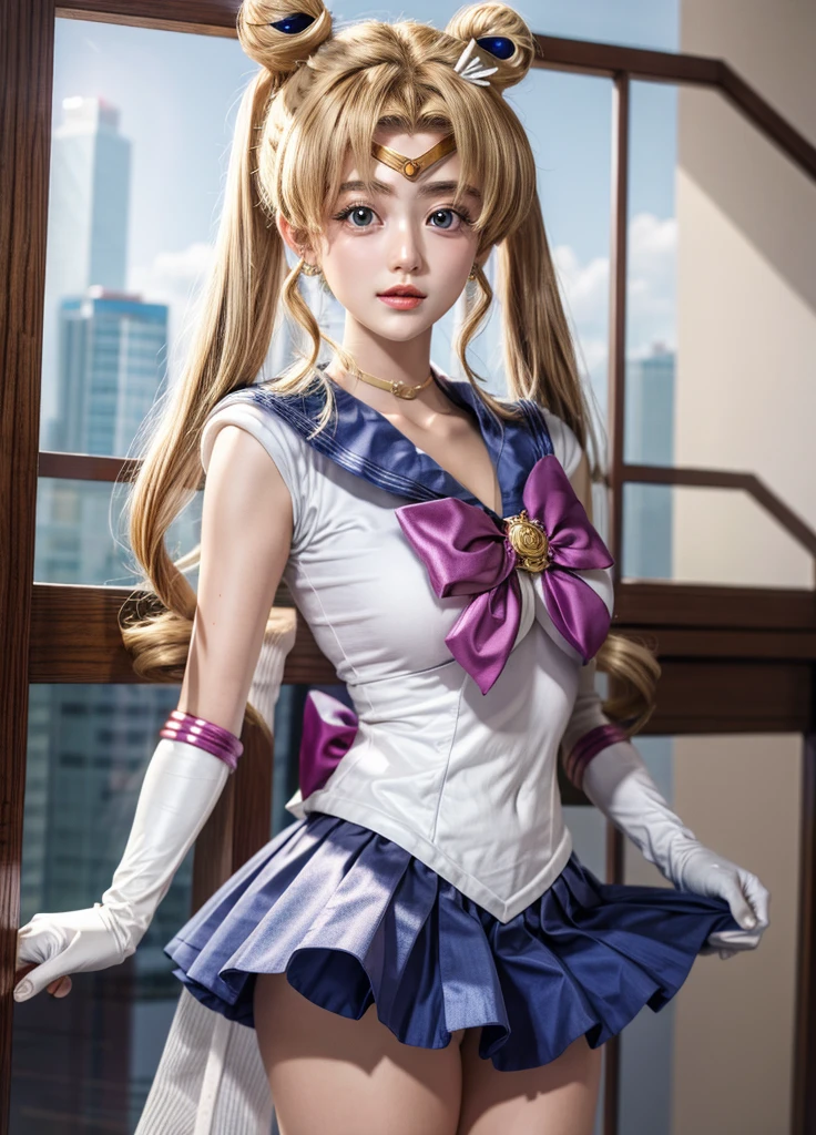 (bestquality:1.4), highres, masterpiece, 10, ultra-detail, intricate detailed,1girls,, Tsukino Usagi.Lifting skirt, white panties
