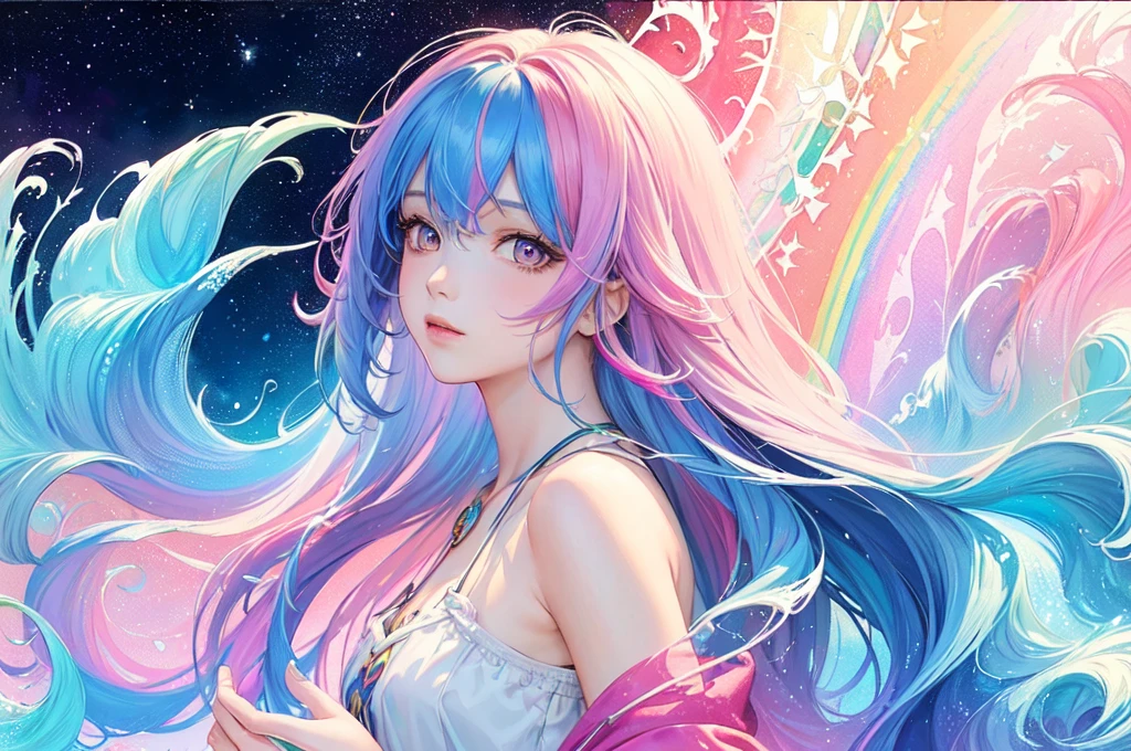 (masterpiece, top quality, best quality,watercolor (medium),official art, beautiful and aesthetic:1.2),(1girl:1.3), (fractal art:1.3),upper body, from side, looking at viewer,patterns,(rainbow color Hair,colorful hair,half blue and half pink hair:1.2),water,liquid, cloud,colorful, starry,stars,
