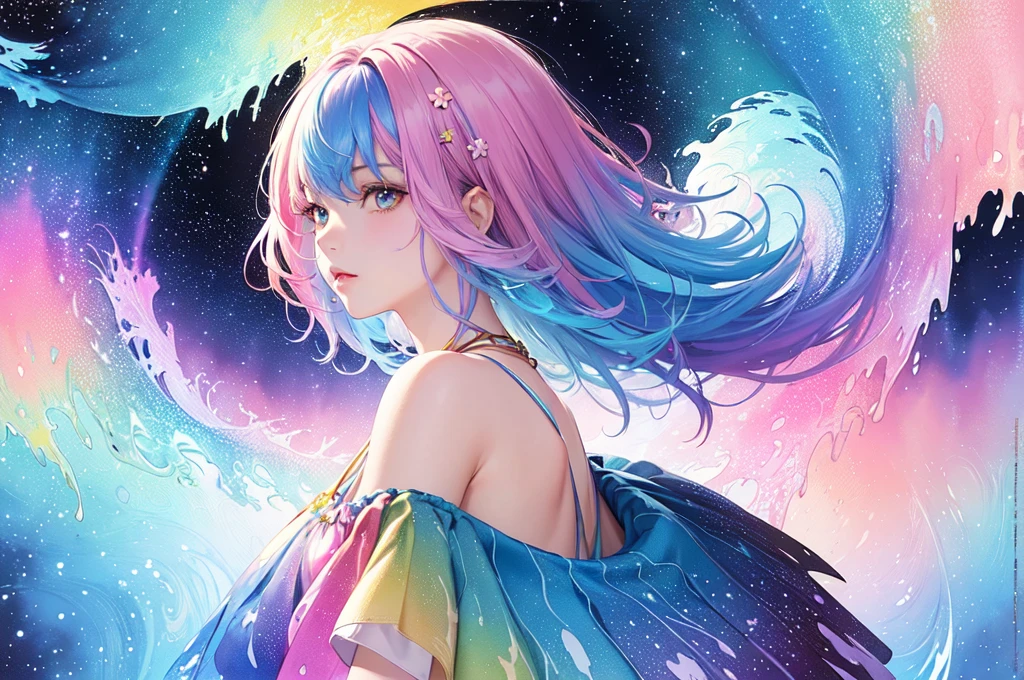 (masterpiece, top quality, best quality,watercolor (medium),official art, beautiful and aesthetic:1.2),(1girl:1.3), (fractal art:1.3),upper body, from side, looking at viewer,patterns,(rainbow color Hair,colorful hair,half blue and half pink hair:1.2),water,liquid, cloud,colorful, starry,stars,